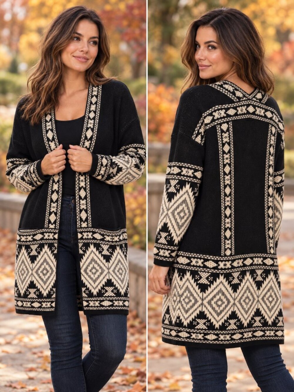 Vertigo Paris Sweater Black Open Cardigan With White Geometric Pattern Size S